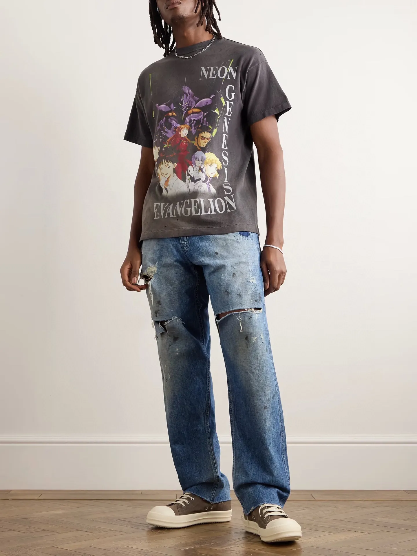 SAINT Mxxxxxx × EVANGELION NEON GNSIS TEE/BLK co-branded Neon Genesis Evangelion distressed short-sleeves, washed black S-XL, vintage NEW VINTAGE, top printing technology, garment dyeing, re-washed, distressed, correct co-branded main mark/washing mark
